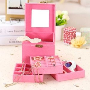 Pink velvet jewelry box with three layers